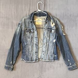 Hollister Women's Sz Xs Distressed Dark Wash Raw Hem Denim Jean Jeans Jacket